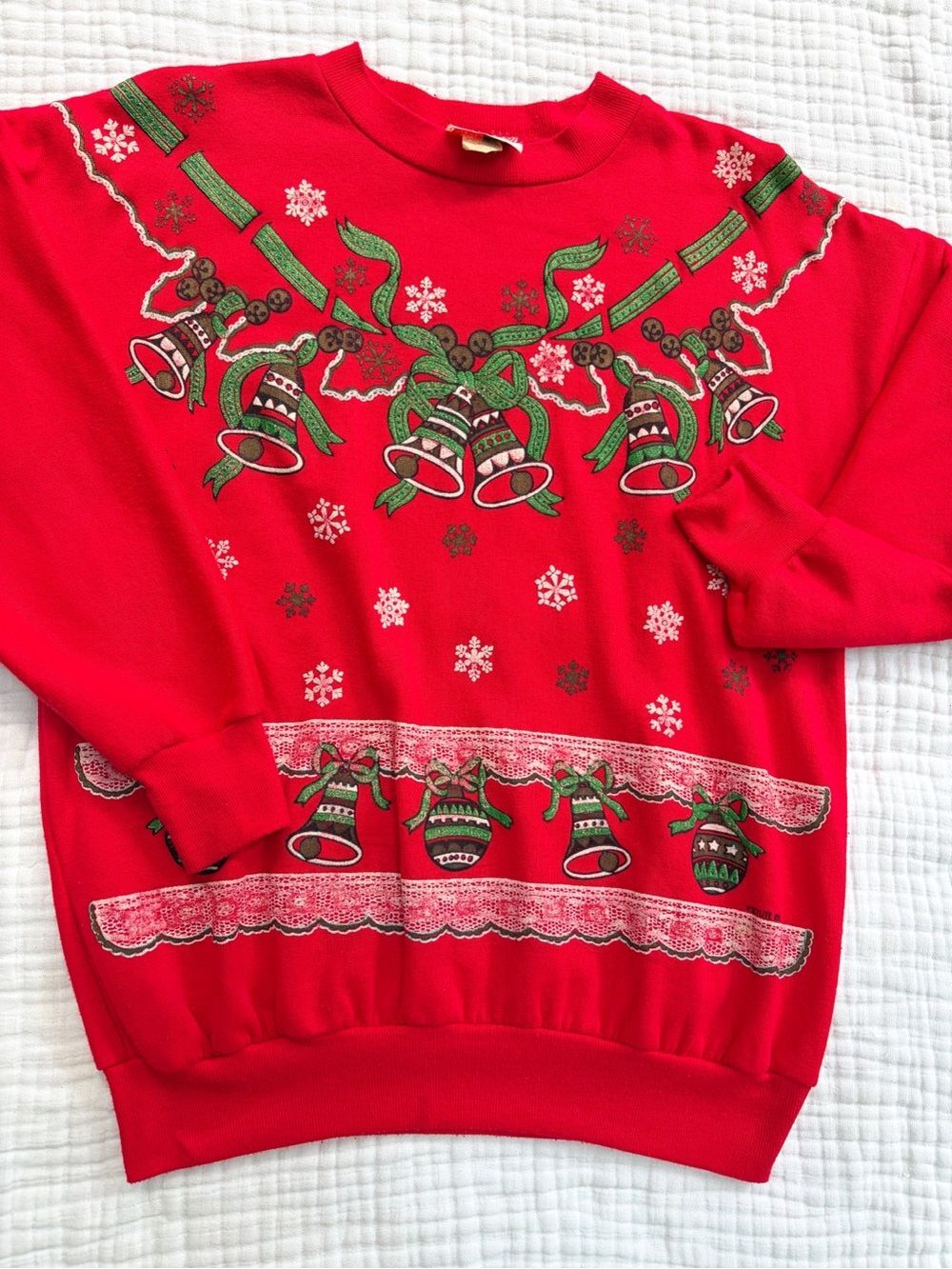 Vintage 1990 Nut Cracker Christmas Sweatshirt Bells Lace Print Made USA